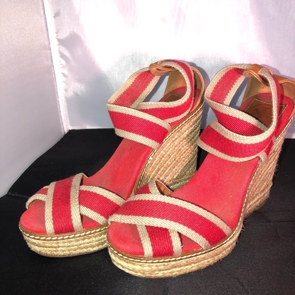 Tory Burch Adonis Red & Tan Wedge Platform Espadrilles Open Toe Size 7